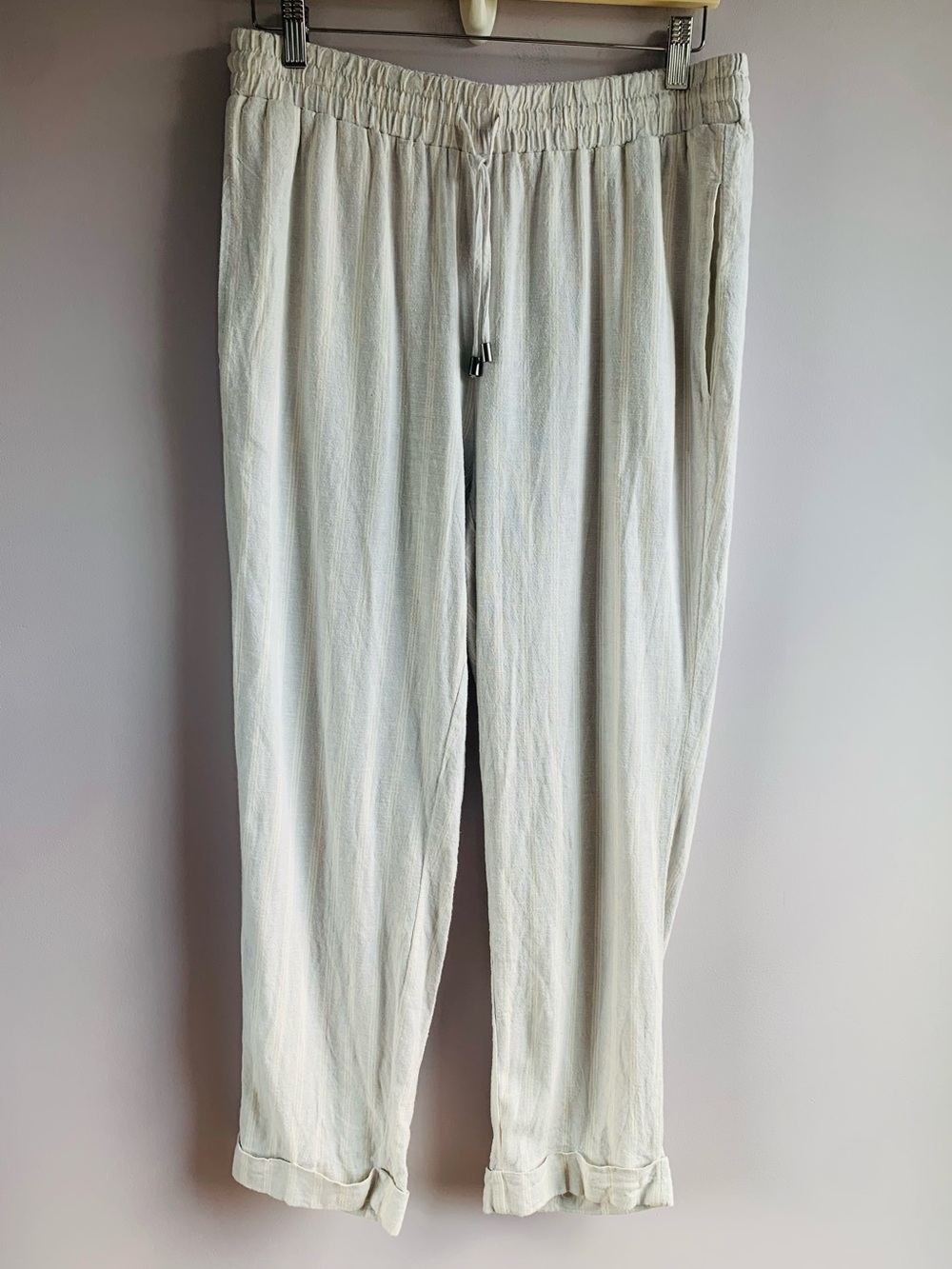 Cable & Gauge High Rise Pants Cream Blue Stripe Linen Blend Casual Comfy EUC M